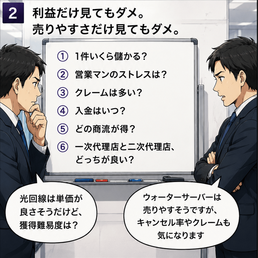 利益だけでも売りやすさだけでも判断できないことを示す2コマ目